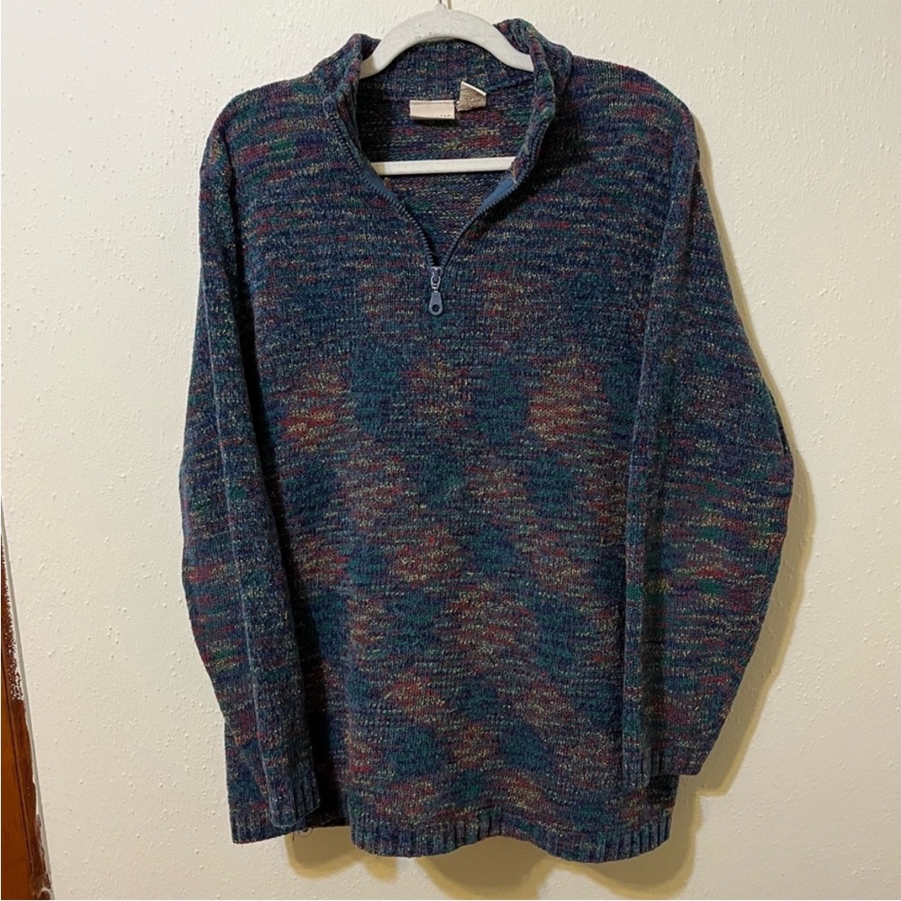 Vintage Women’s Crossroads Blue Green Tan Hatch pattern Knit Quarter Zip